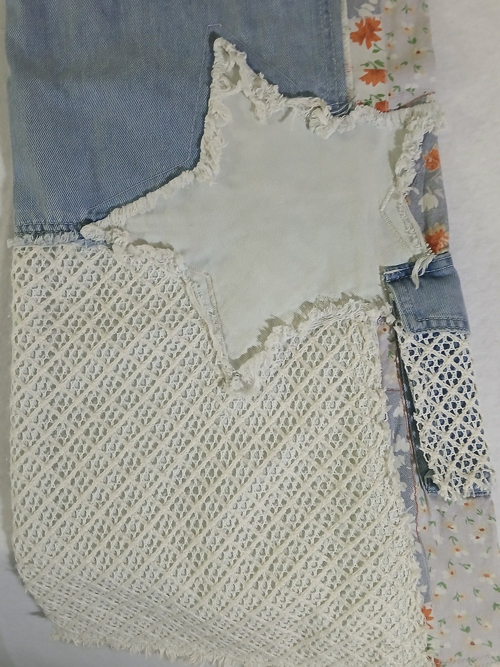 POL Light Wash Patchwork Flare Jeans with Orange Floral & Cream Crochet - Picture 6 of 8